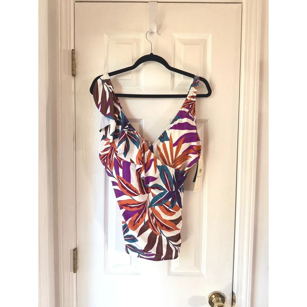 Gottex Ruffle V Neck Tankini Top Tropical Leaf Multi Color Size 14 E26071B78 NEW
